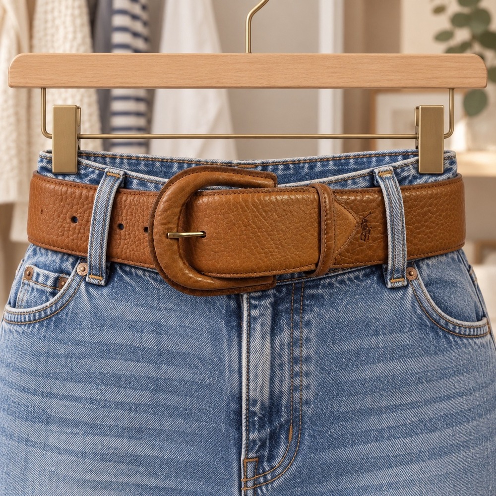 Vintage Y2K Ralph Lauren Womens 26 Tan Wide Leather Belt Pony Logo D Buckle